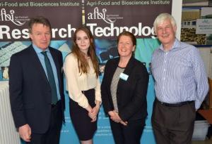 Seamus Kennedy, AFBI CEO, Claire Guy, winner of the best poster presentation, Mary Harty, winner of the best oral presentation and Prof Alistair McCracken, AFBI. Seamus Kennedy, AFBI CEO, Claire Guy, winner of the best poster presentation, Mary Harty, winner of the best oral presentation and Prof Alistair McCracken, AFBI.