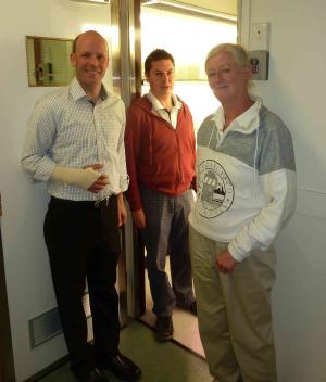 (L-R) Dr Calum Wilson, Dr Robert Tegg and Dr Louise Cooke at the UTAS growth room containing micropropagated potato plants selected for scab resistance. Photo by Jo Osborne, University of Tasmania (L-R) Dr Calum Wilson, Dr Robert Tegg and Dr Louise Cooke at the UTAS growth room containing micropropagated potato plants selected for scab resistance. Photo by Jo Osborne, University of Tasmania