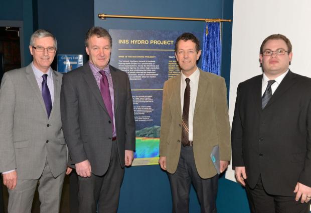 Walter Crozier (Head of AFBI Fisheries and Aquatic Ecosystems Branch), Seamus Kennedy (AFBI CEO), Laurence Mee (SAMS) and Andre Coccucio (MCA INIS Project Head). Walter Crozier (Head of AFBI Fisheries and Aquatic Ecosystems Branch), Seamus Kennedy (AFBI CEO), Laurence Mee (SAMS) and Andre Coccucio (MCA INIS Project Head).