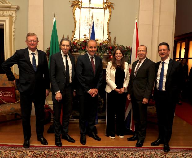 (Left-right): Parliamentary Under-Secretary of State for Northern Ireland, Lord Jonathan Caine; Minister for Further and Higher Education, Research, Innovation and Science, Simon Harris TD; Tánaiste and Minister for Foreign Affairs, Micheál Martin TD; Sec (Left-right): Parliamentary Under-Secretary of State for Northern Ireland, Lord Jonathan Caine; Minister for Further and Higher Education, Research, Innovation and Science, Simon Harris TD; Tánaiste and Minister for Foreign Affairs, Micheál Martin TD; Sec
