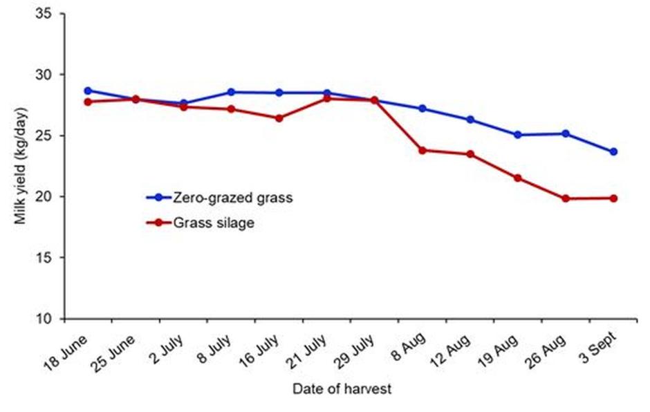 Figure 2. Average weekly milk yield of cows offered zero-grazed grass or grass silage produced from the same sward Figure 2. Average weekly milk yield of cows offered zero-grazed grass or grass silage produced from the same sward