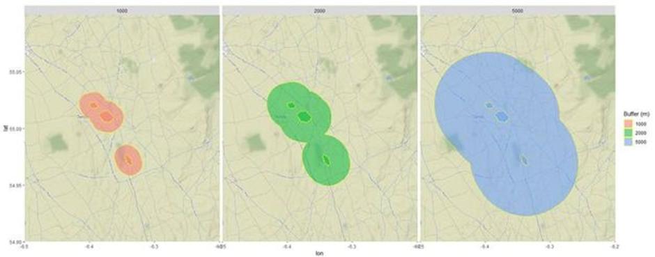 Figure 3. An example of circular buffers of 1, 2 and 5km applied around Main Valley Bogs SAC and within which the enhanced ammonia reduction measures were applied Figure 3. An example of circular buffers of 1, 2 and 5km applied around Main Valley Bogs SAC and within which the enhanced ammonia reduction measures were applied