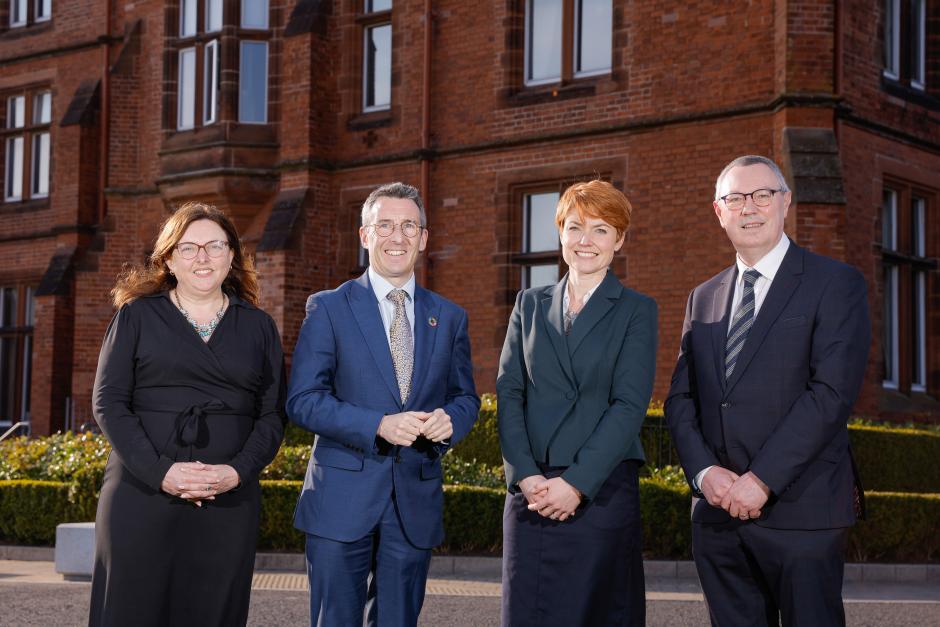 Professor Sharon Huws (QUB), DAERA Minister Andrew Muir (MLA), Dr Nicola Ranger (Oxford University) and Dr Stanley McDowell (CEO, AFBI).