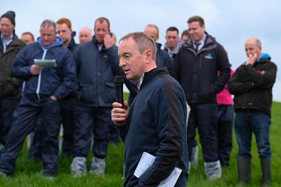 Joe Cush speaking at the GrassCheck Dairy Farm Walk on his farm at Pomeroy