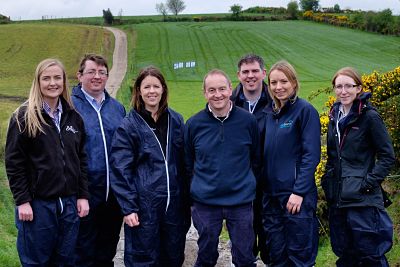 Joe Cush, centre, pictured at the GrassCheck Dairy Farm Walk on his farm at Pomeroy. Also included are from left: Jessica Pollock, AFBI PhD student; Jason Rankin, AgriSearch; Debbie McConnell, AFBI; Francis Lively, AFBI; Elizabeth Earle, AgriSearch and Ka