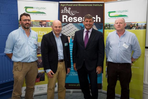 Pictured L-R are Dr Ian Short, Prof Jim McAdam of AFBI, Andrew Doyle TD and Kevin O’Connell of Teagasc