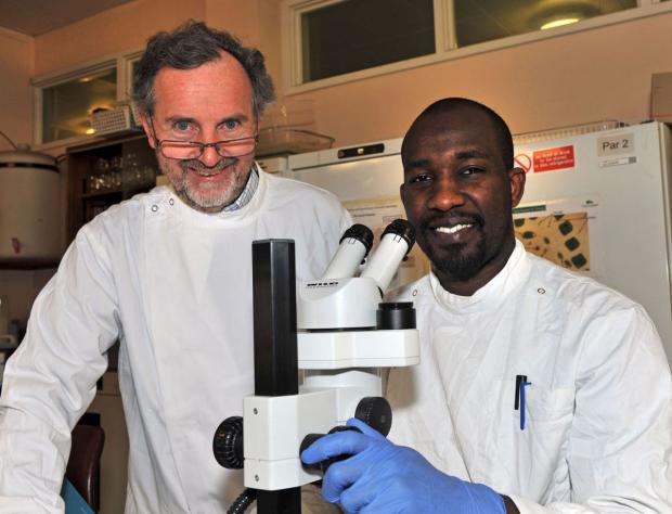Professor Hanna pictured with Paul-Emile Kajugu, a PhD student and Scientific Officer in the Parasitology Lab at AFBI Veterinary Sciences Division