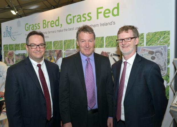 AFBI CEO Professor Seamus Kennedy welcomes US Consul Daniel Lawton and Stan Phillips to the AFBI stand at Balmoral Show