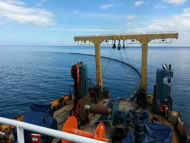 The conventional boom fully deployed at the mouth of Belfast Lough