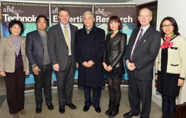 Ms An, Tong Tong; Prof. Zhang, Jianhua; Prof Seamus Kennedy, AFBI CEO; Prof. Wang, Liang; Mrs Zhou, Yu; Dr Sinclair Mayne, AFBI; Ms Shi, Peiyin