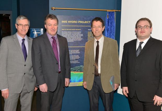 Walter Crozier (Head of AFBI Fisheries and Aquatic Ecosystems Branch), Seamus Kennedy (AFBI CEO), Laurence Mee (SAMS) and Andre Coccucio (MCA INIS Project Head).
