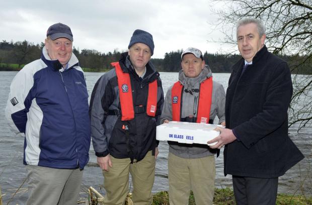 L-R Jack McIlheron Senior Fisheries Officer DCAL, Dr Robert Rosell and Dr Derek Evans Freshwater Fisheries AFBI and Pat Close Chief Executive of Lough Neagh Fishermen’s Co-operative Society Ltd who purchased 70 000 elvers for stocking the Lagan system. 60