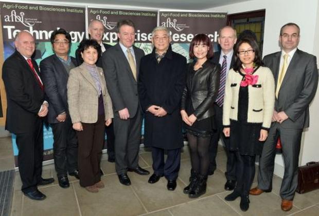 Mr Steven Millar, DARD; Prof. Zhang; Ms An, Tong Tong; Mr Peter Price, DARD; Prof Seamus Kennedy, AFBI CEO; Prof. Wang, Liang; Ms Zhou, Yu; Sinclair; Ms Shi, Peiyin; Mr Martin McKendry CAFRE