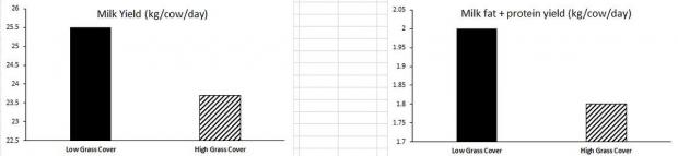 Figure 1: Average milk yield and milk fat + protein yield of cows offered grass from low or high cover swards Figure 1: Average milk yield and milk fat + protein yield of cows offered grass from low or high cover swards