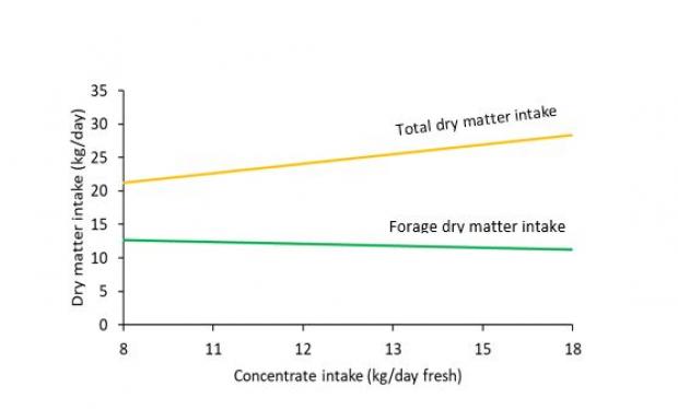 Relationship between concentrate intake, and forage intake and total dry matter intake