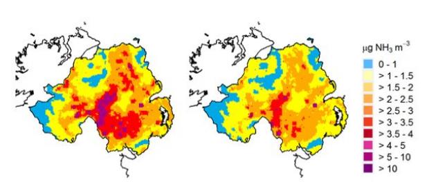 Fig. 2. Ammonia reduction modelling scenarios for NI. Current baseline on left and following application of a suite of ammonia reduction measures across farms on right