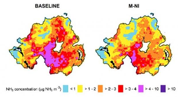 Figure 2. Reductions in atmospheric ammonia concentrations achieved by the 25% reduction in agricultural ammonia in NI as modelled by FRAME