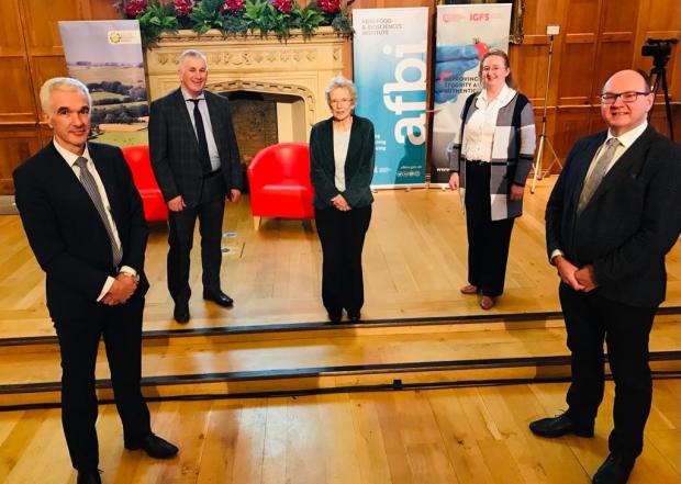 Pictured (L-R) Mr Norman Fulton (DAERA), Mr Victor Chestnutt (UFU), Professor Maggie Gill (Guest Speaker), Dr Elizabeth Magowan (AFBI) and Professor Nigel Scollan (IGFS, QUB)