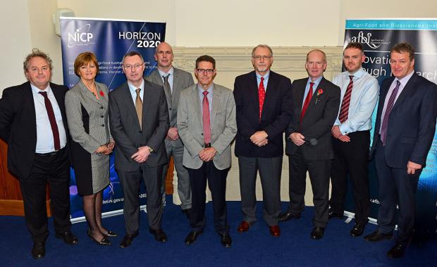 L-R Dr Ciaran Mangan (EU Office), Dr Cindy Bell (Genome Canada), Dr Stanley McDowell (AFBI), Dr Alistair Carson (DARD), Mr Richard Howell (DAFM), Dr Charlie Walthall (USDA/ARS), Dr Sinclair Mayne (AFBI), Dr Ryan Law (Dunbia), Prof Seamus Kennedy (AFBI)