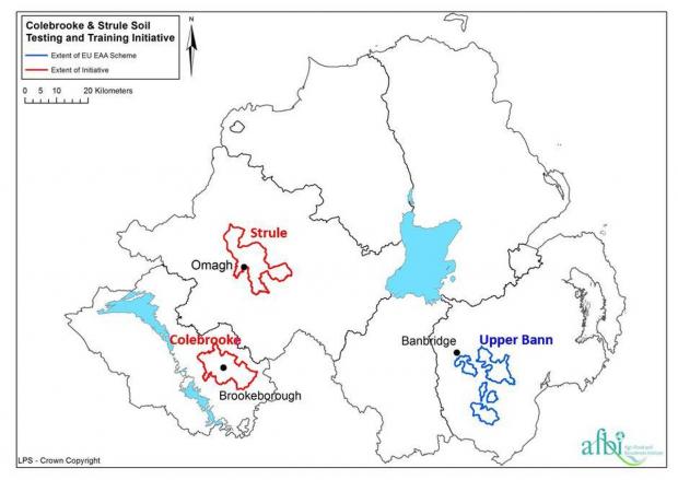 Fig 1:Map showing locations of sub-catchments in Colebrooke and Strule targeted for soil sampling in this year’s soil testing and training initiative. Sub-catchments in Upper Bann, sampled in 2017-18 in the EAA Soil Sampling and Analysis Scheme also shown