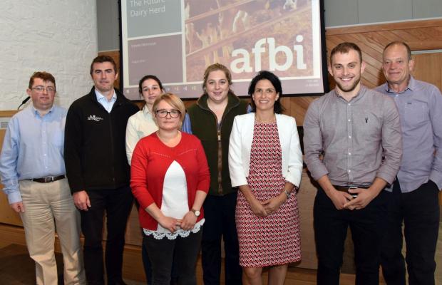 Speakers pictured L-R, Jason Rankin (AgriSearch), Steven Morrison (AFBI), Aimee Craig (AFBI), Gillian Scoley (AFBI), Laura Weir (Lisburn Vet Clinic), Aurelie Moralis (BVA NI President), Aaron Brown (AFBI), Jamie Robertson (Livestock Management Systems).