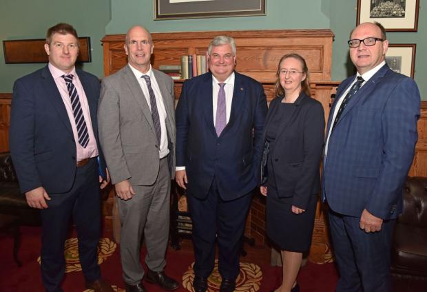 Representatives from hosts of the lecture - James McCluggage (UFU), Alistair Carson (DAERA), Lord Price, Elizabeth Magowan (AFBI) and Nigel Scollan (IGFS, QUB)