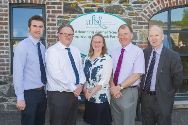 AFBI Speakers at the Open Meeting L-R Dr Steven Morrison, Dr Alistair Douglas, Dr Elizabeth Magowan, Dr John Bailey and Dr Sinclair Mayne