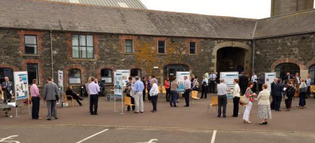 Poster and machinery displays in the courtyard