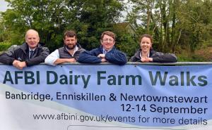 Dr Sinclair Mayne (AFBI), Ian McClelland (host farmer), Dr Debbie McConnell (AFBI and event coordinator) and Jason Rankin (AgriSearch) at the Banbridge Dairy Innovation in Practice Roadshow