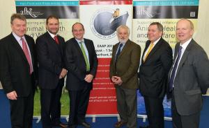 Professor Seamus Kennedy (L) and Dr Sinclair Mayne (R) (AFBI) launch the Federation of Animal Science Annual Conference to be held in Belfast in 2016 with Dr Andrea Rosati (Federation General Secretary), Prof Philippe Chemineau (Federation President, INRA