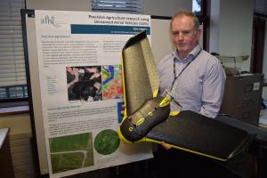 Mr Alex Higgins (AFBI) holding AFBI’s fixed-wing UAV.