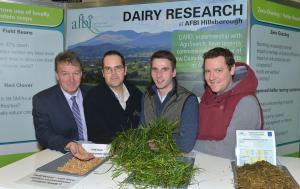 Professor Seamus Kennedy (AFBI CEO), Dr Andrew Dale (AFBI Hillsborough) with Joshua McDonnell and Justin McGinley (Ballygawley).