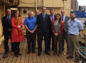 Pictured (L-R) Dr John Speers (DARD), Claire Vincent (DoE), Dr Matt Service (AFBI), Dr Steven Beggs (AFBI), Mark H Durkan (Environment Minister), Prof Seamus Kennedy (AFBI CEO), Dr Annika Clements (AFBI), Dr Walter Crozier (AFBI)