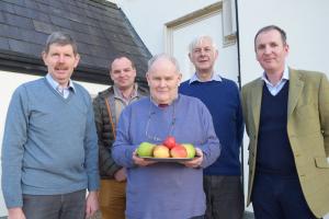 John Beggs Chairman of NI Fruit Growers levy group,  Con Trass, Chairman of Southern Fruit Growers association, Dr Seán Mac an tSaoir and Professor Alistair McCracken of AFBI and Richard Huxtable, Plant Impact