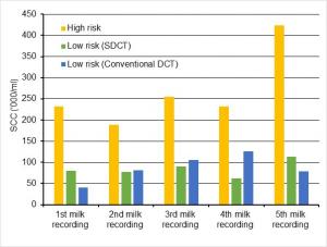 Average somatic cell counts (‘000/ml) during first 5 milk recordings post-calving for ‘high risk’ cows that received antibiotic + teat sealant and for ‘low risk’ cows subject to SDCT (teat sealant only) or conventional DCT (antibiotic plus teat sealant