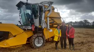 Filming the AHDB winter wheat variety trial harvest, Limavady, for BBC NI Home Ground.  L-R Jo Scott (BBC NI), Richard Kane (Cereal grower) and Dr Lisa Black (AFBI).