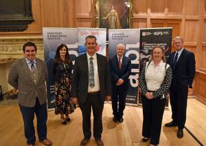 Speakers at the QUB/AFBI Alliance Stakeholder event included (pictured L-R) Dr Clive Black (Shore Capital), Mrs Tracey Teague (DAERA), Minister Edwin Poots MLA (DAERA), Professor Stuart Elborn (QUB), Dr Elizabeth Magowan (AFBI) and Sir Peter Kendall.