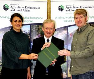 Kerry McIlwaine and Jonathan Blair pictured with DAERA Permanent Secretary Dr Denis McMahon at the launch of the DAERA 2019 PG Studentship Competition