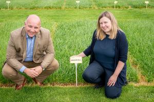 David Linton (Barenbrug Regional Sales Manager NI) and Gillian Young (AFBI Forage Grass Breeder) at the forage grass breeding plots at AFBI, Loughgall