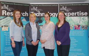 Sow nutrition PhD students (left to right) Kathryn Reid, Anna Lavery and Aimee Louise Craig with their AFBI Hillsborough supervisor, Dr Elizabeth Magowan.